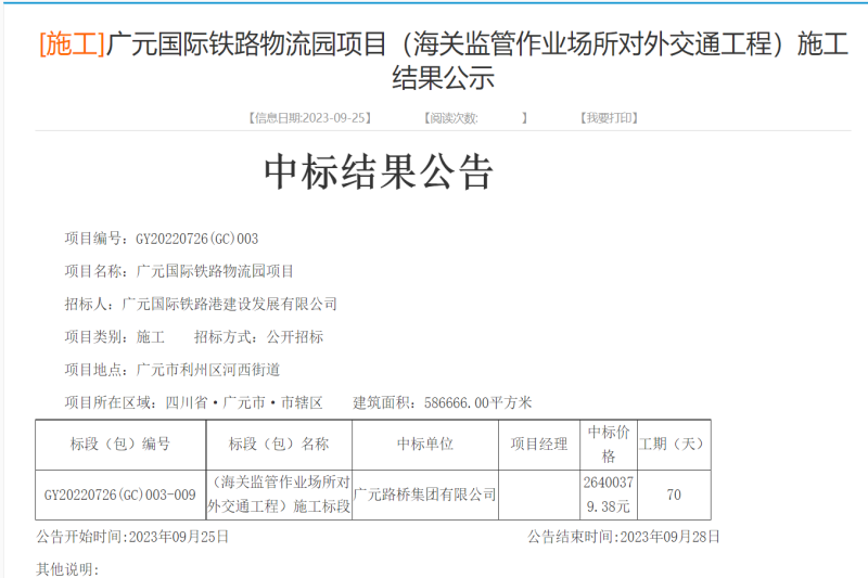 喜报:路桥集团成功中标广元国际铁路物流园项目(海关监管作业场所对外交通工程)